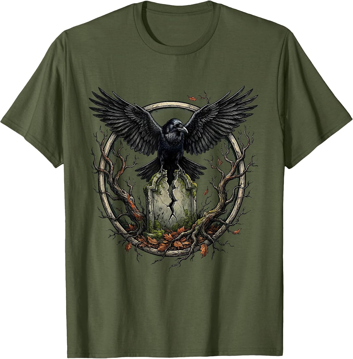 Crow on Broken Gravestone Gothic Horror Design T-Shirt - Olive Green