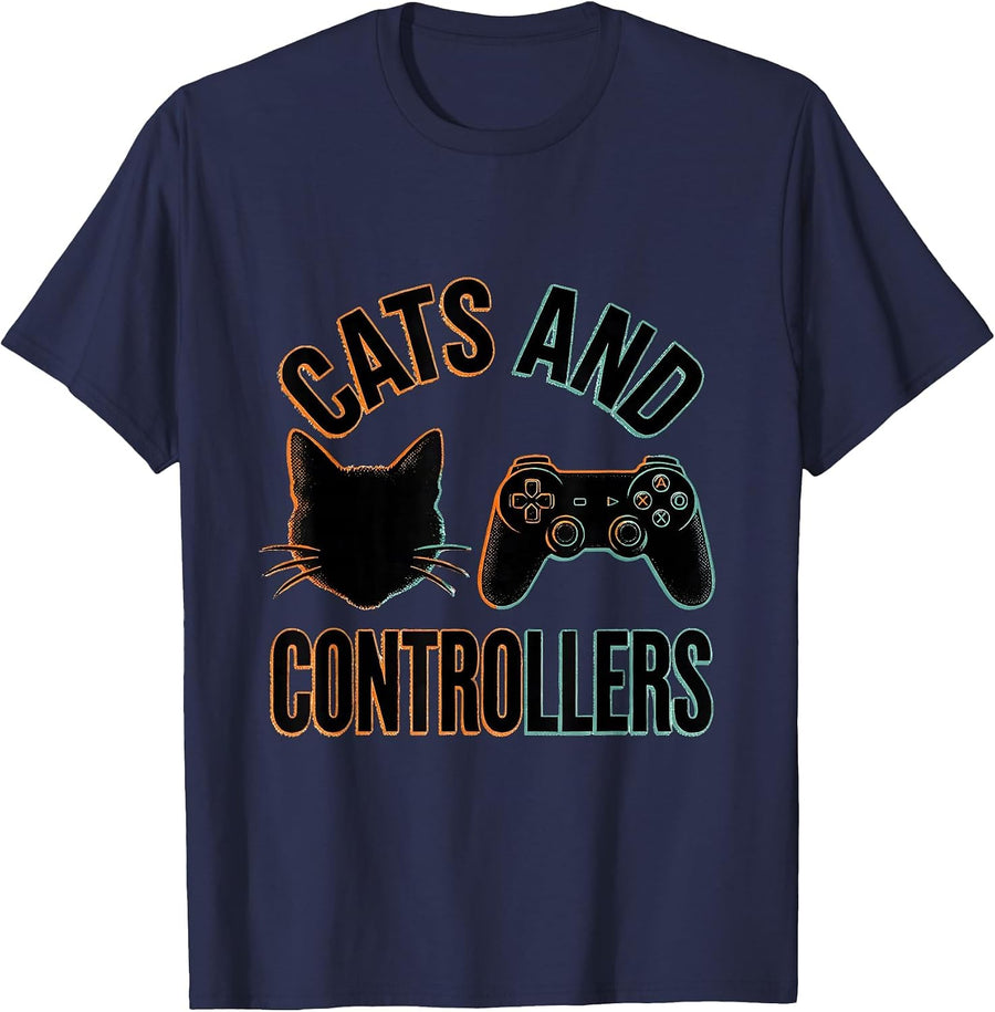 Cats And Controllers Funny Cat Gamer Video Game Player Gift T-Shirt - Navy Blue