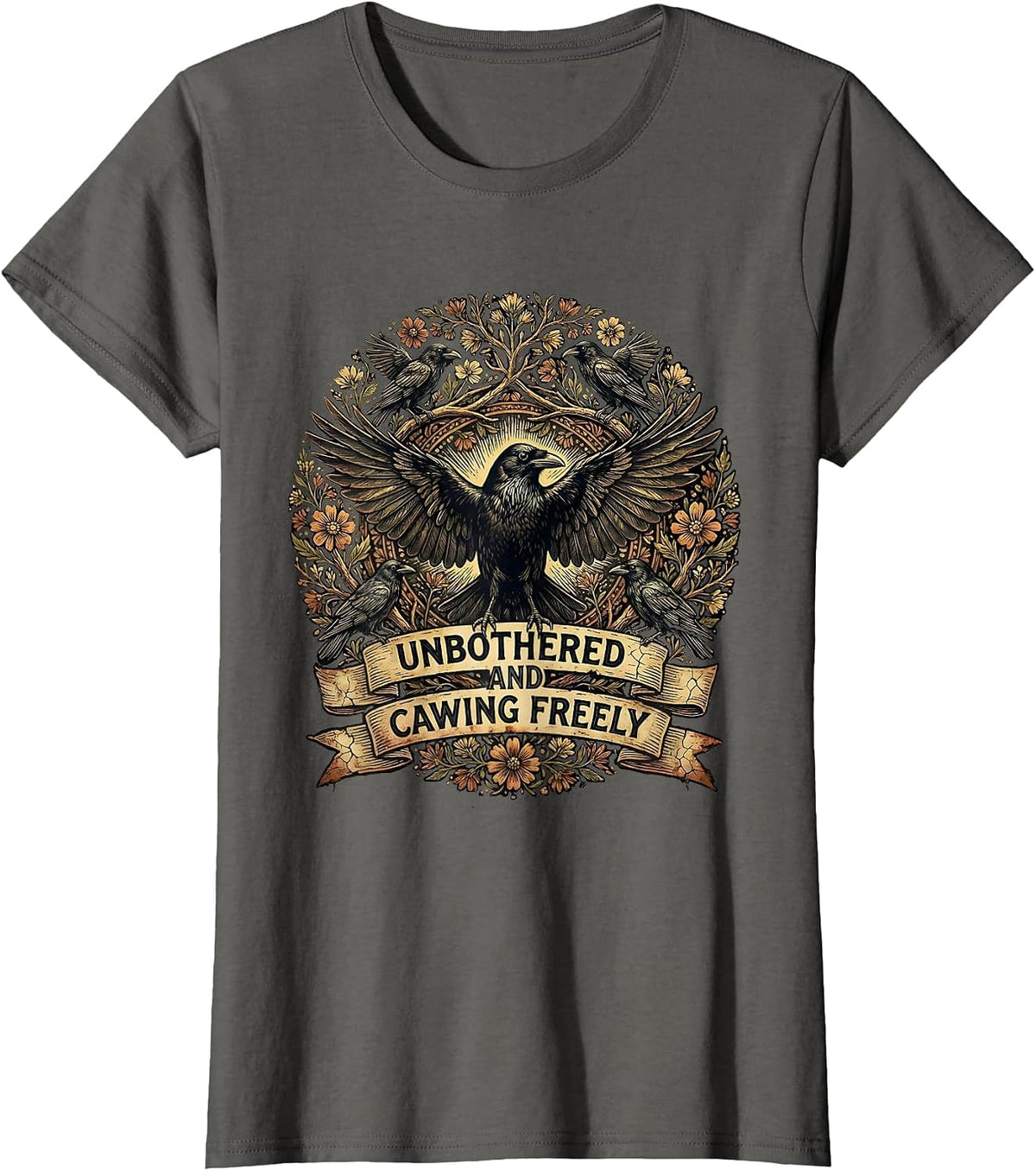 Women's Unbothered and Cawing Freely Crow Design T-Shirt - Asphalt Grey