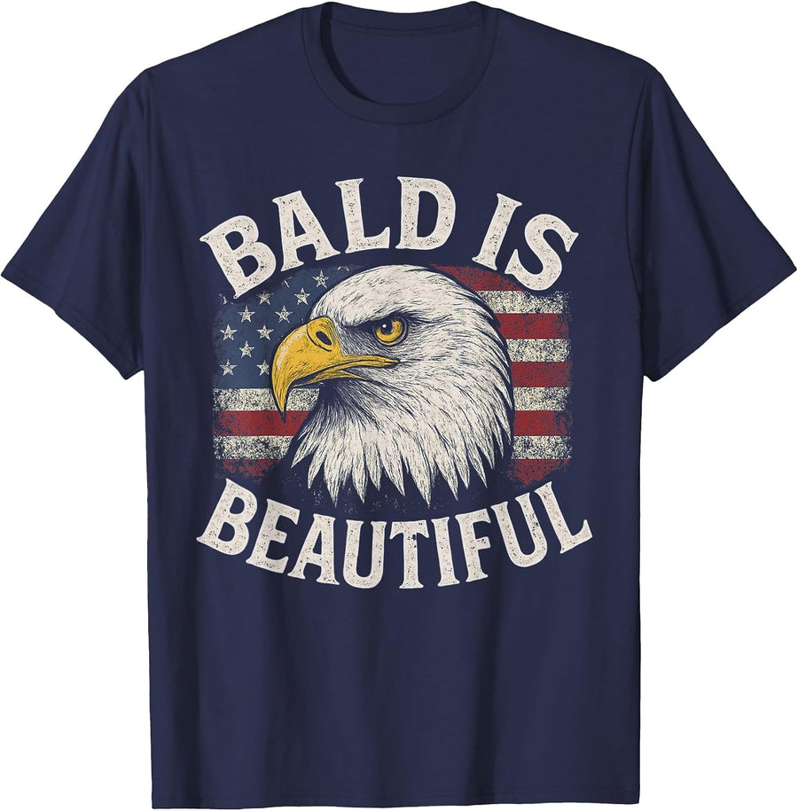 Bald is Beautiful 4th of July American Flag USA Bald Eagle T-Shirt - Navy Blue