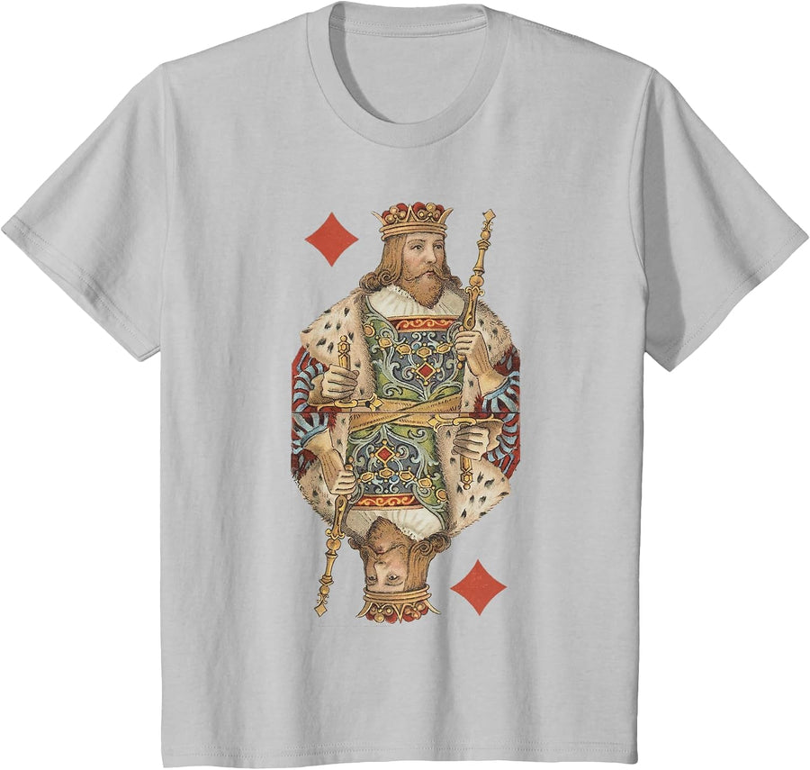 King of Diamonds Antique Art Nouveau Playing Card Art T-Shirt, Youth, Silver Grey, Medium - As Pictured