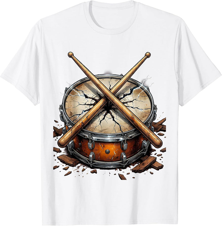 Men's 80s Rock Crossed Drumsticks Cracked Snare Drum T-Shirt - White