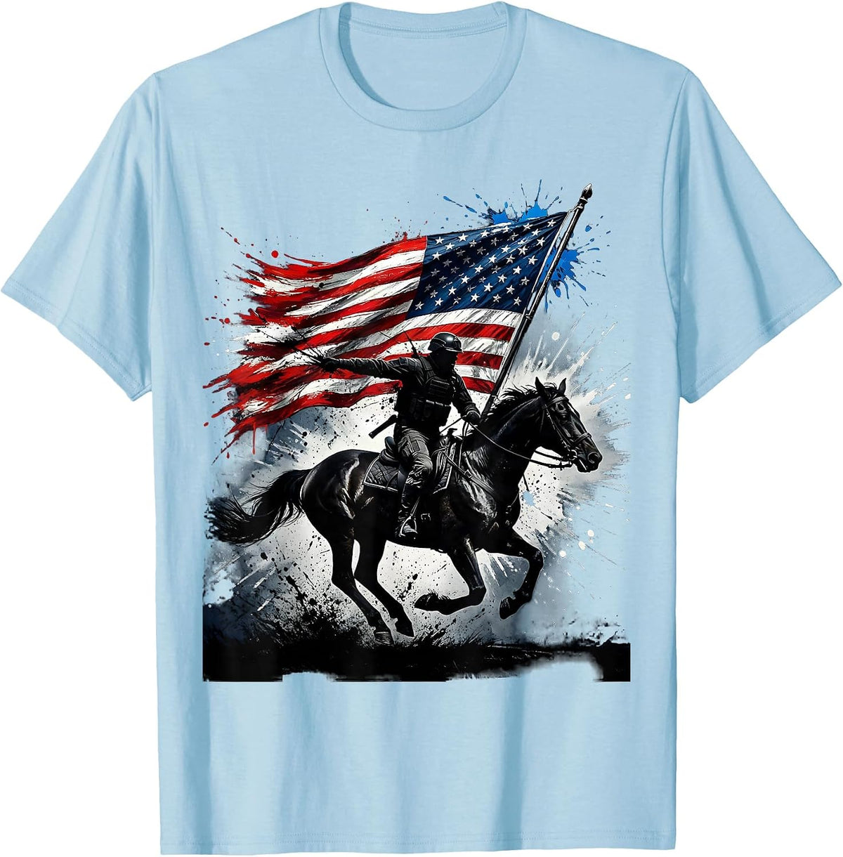Men's American Flag Horseback Rider at Full Gallop T-Shirt - Baby Blue