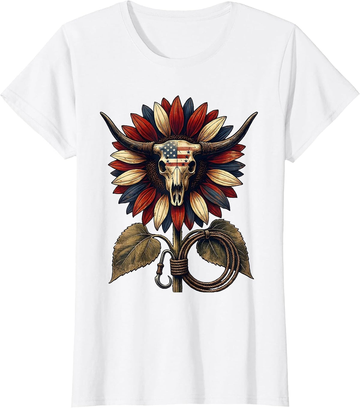 Red White and Blue Sunflower Patriotic Design T-Shirt - White