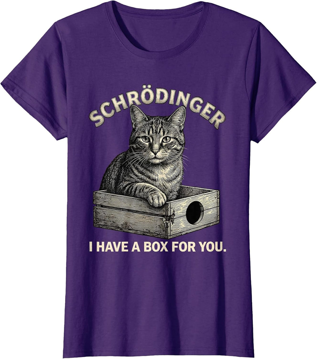 Women's Schrödinger, I Have a Box for You Funny Quantum Physics Cat T-Shirt - Purple