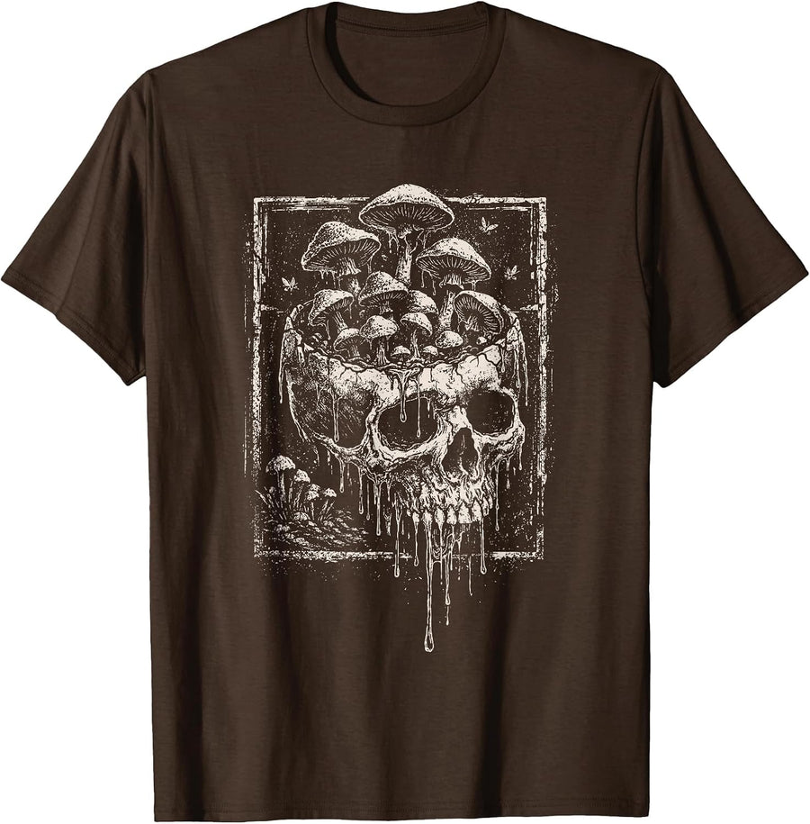Skull Mushroom Dark Grunge Skeleton Forest Horror Aesthetic T-Shirt - Brown