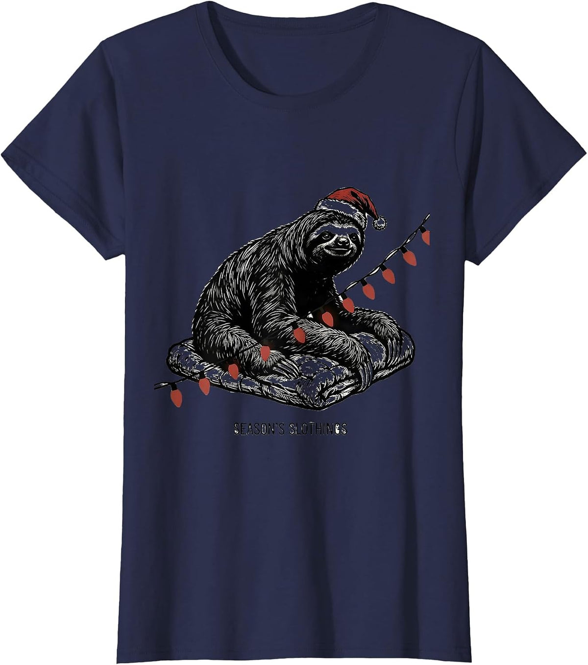 Women's Season's Slothings Funny Sloth Christmas Lights Pajama T-Shirt - Navy Blue