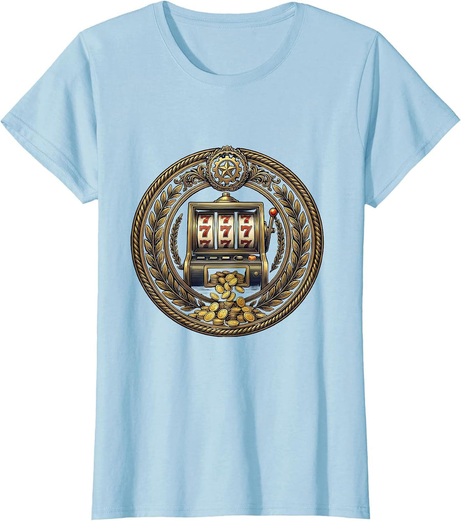 Women's Vintage Slot Machine Dripping Gold Coins Graphic T-Shirt - Baby Blue