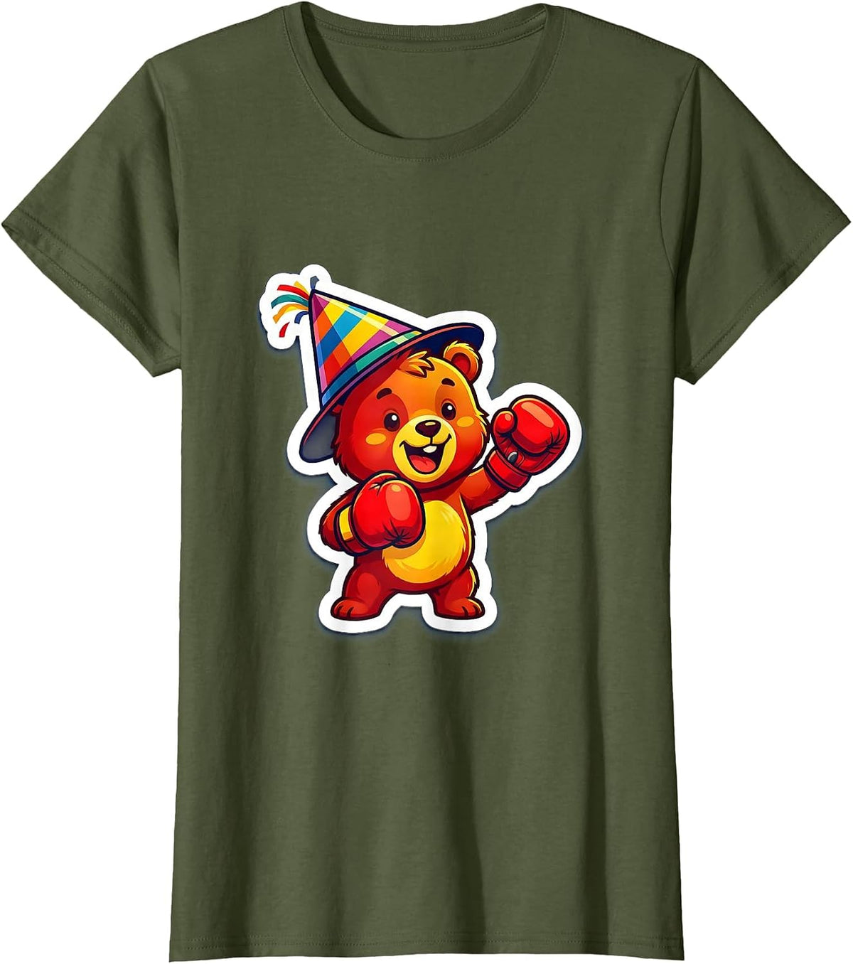 Women's Birthday Boy Boxing Gloves Party Hat Illustration T-Shirt - Olive Green
