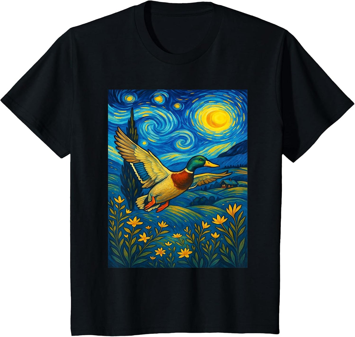 Starry Night Mallard Duck Van Gogh Style Hunting Farmer Farm T-Shirt - Black