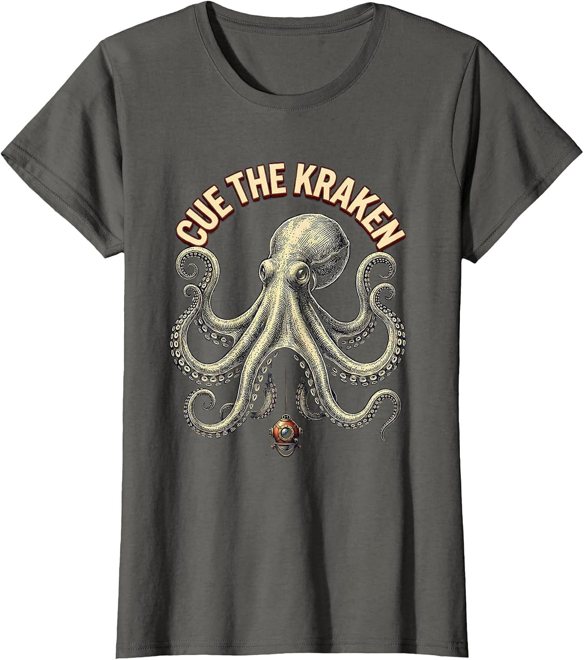 Women's Cue The Kraken Playful Octopus Sea Monster Ocean Lover Humor T-Shirt - Asphalt Grey