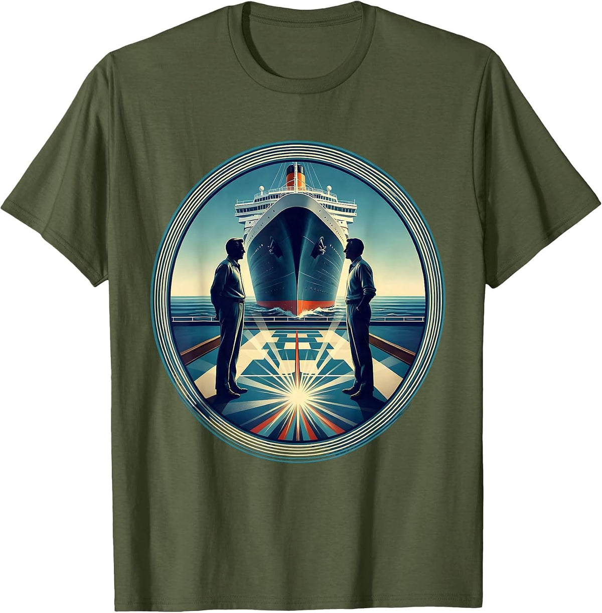 Cruise Ship Shuffleboard Deck Game Illustration T-Shirt - Olive Green