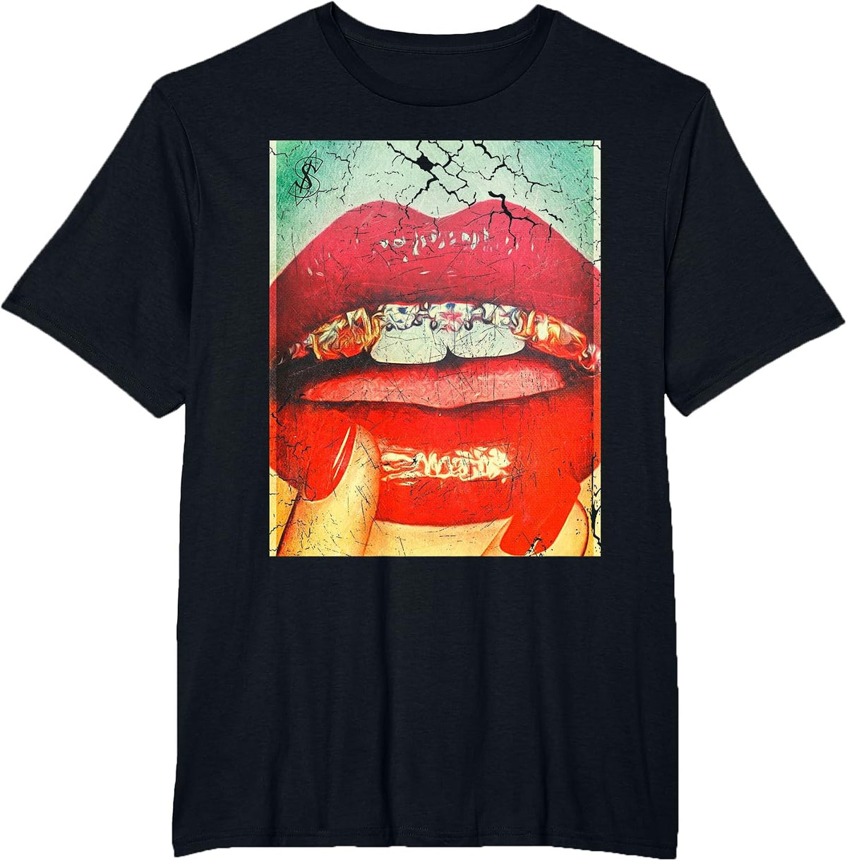 Diamonds in the Mouth Red Lips and Grills T-Shirt - Black