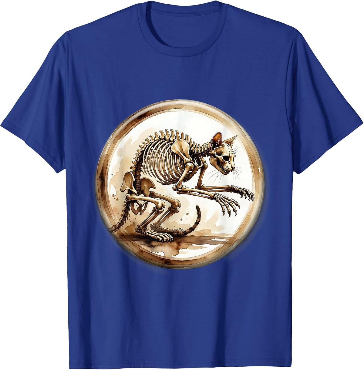 Cat Skeleton Mid-Pounce Illustration T-Shirt - Royal Blue