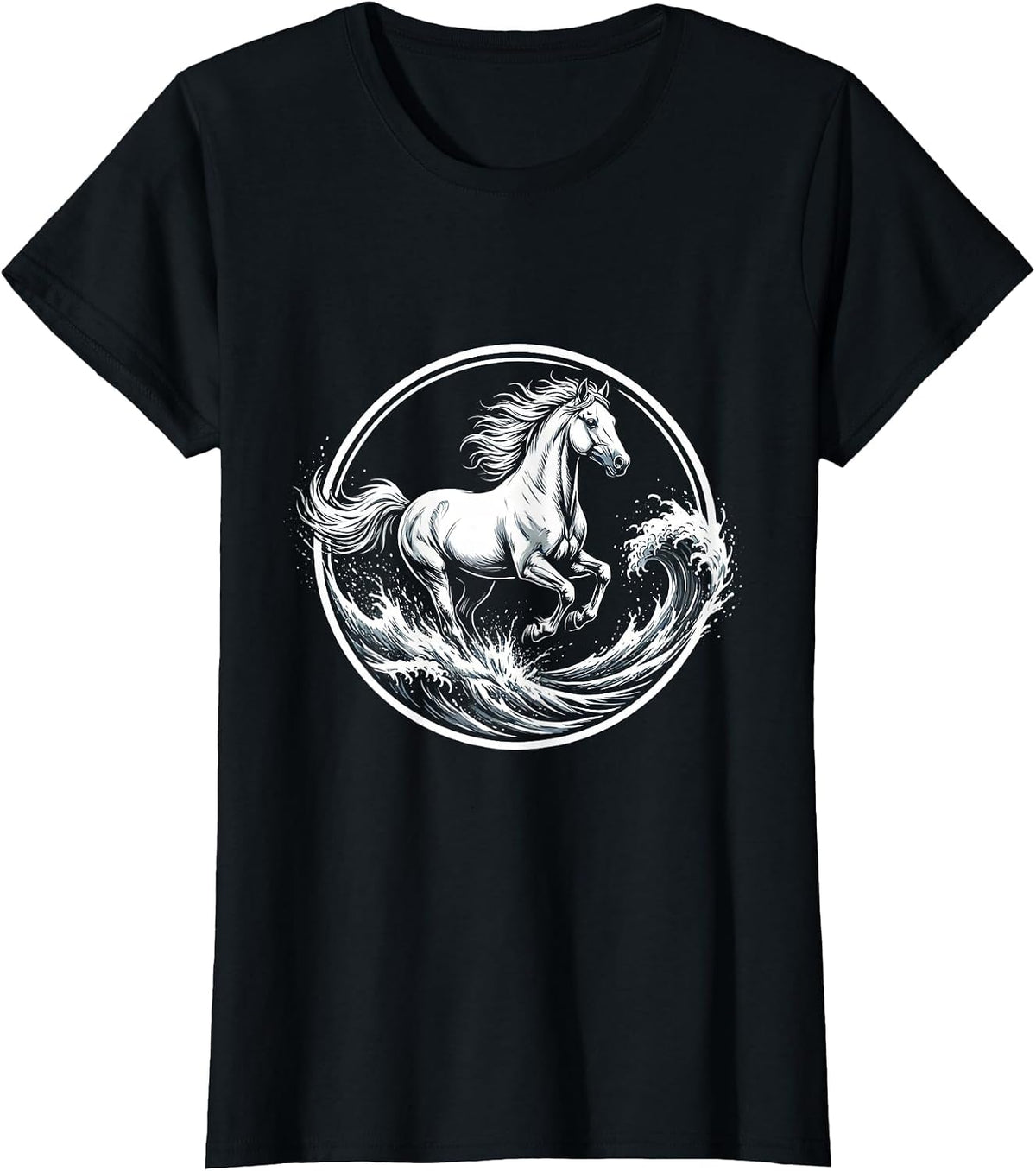 Wild Horse Galloping Through Crashing Waves T-Shirt - Black