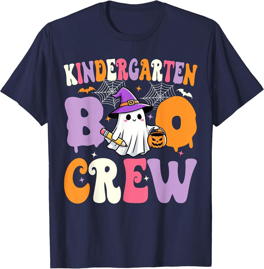 Kindergarten Boo Crew Spooky Kindergarten Halloween Teacher T-Shirt - Navy Blue
