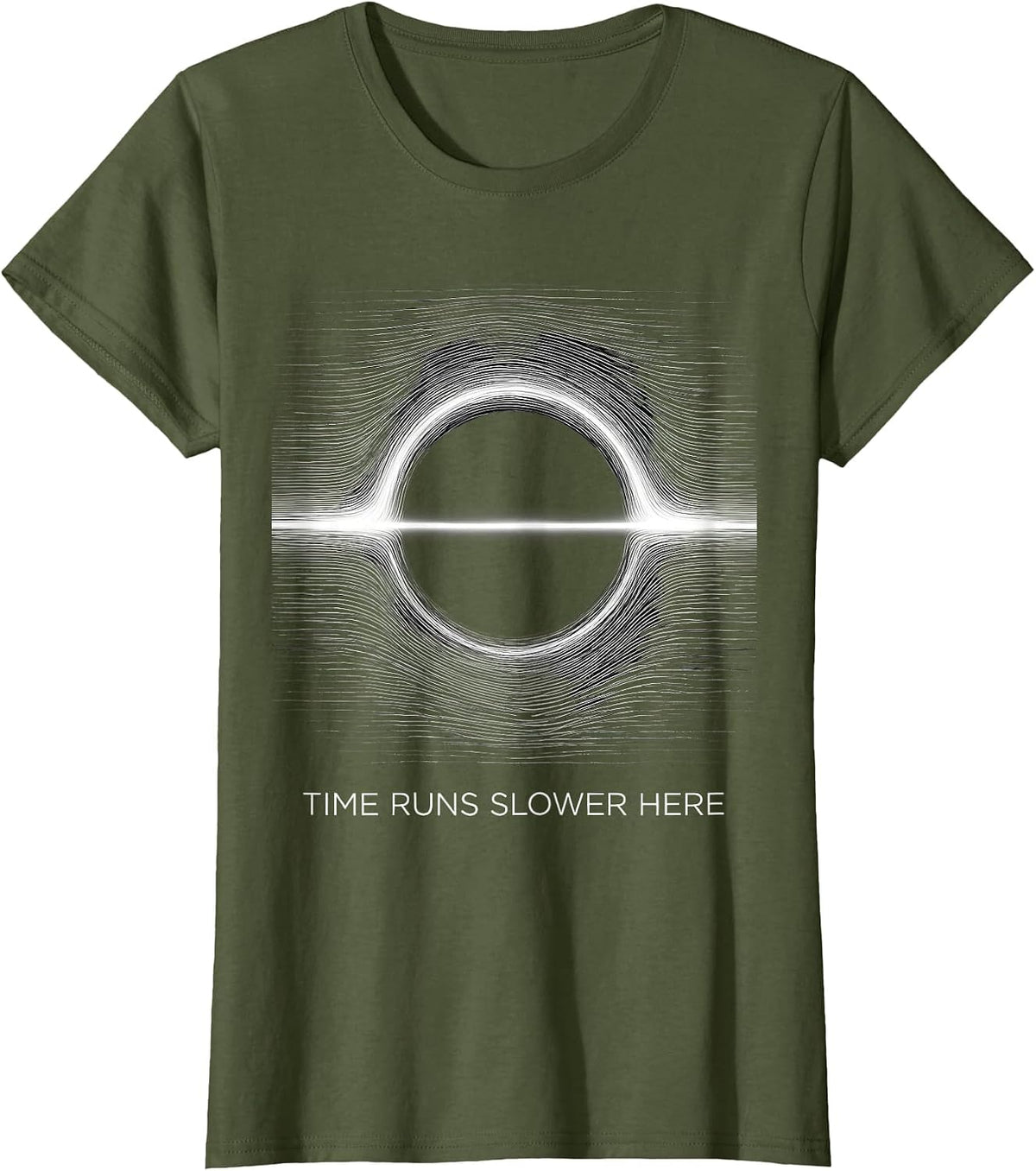 Women's Time Runs Slower Here Generative Plotter Astrophysics T-Shirt - Olive Green