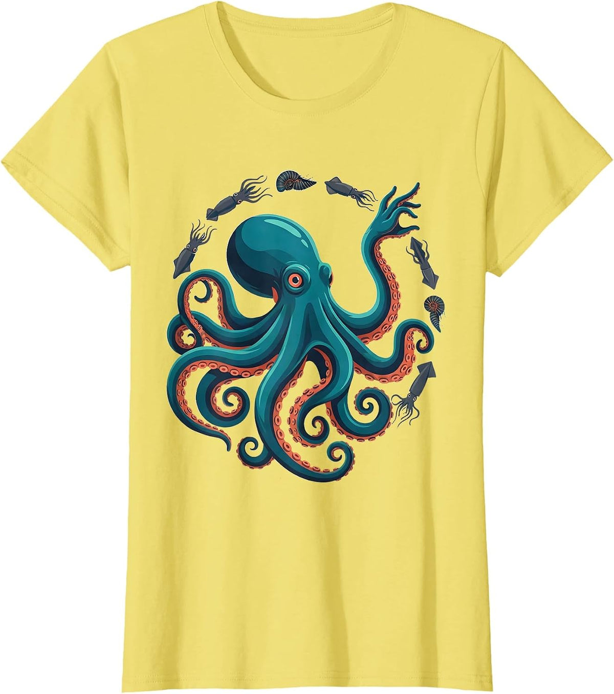 Women's Octopus Squid Cuttlefish Nautilus Sea Creature Marine Lover T-Shirt - Lemon Yellow