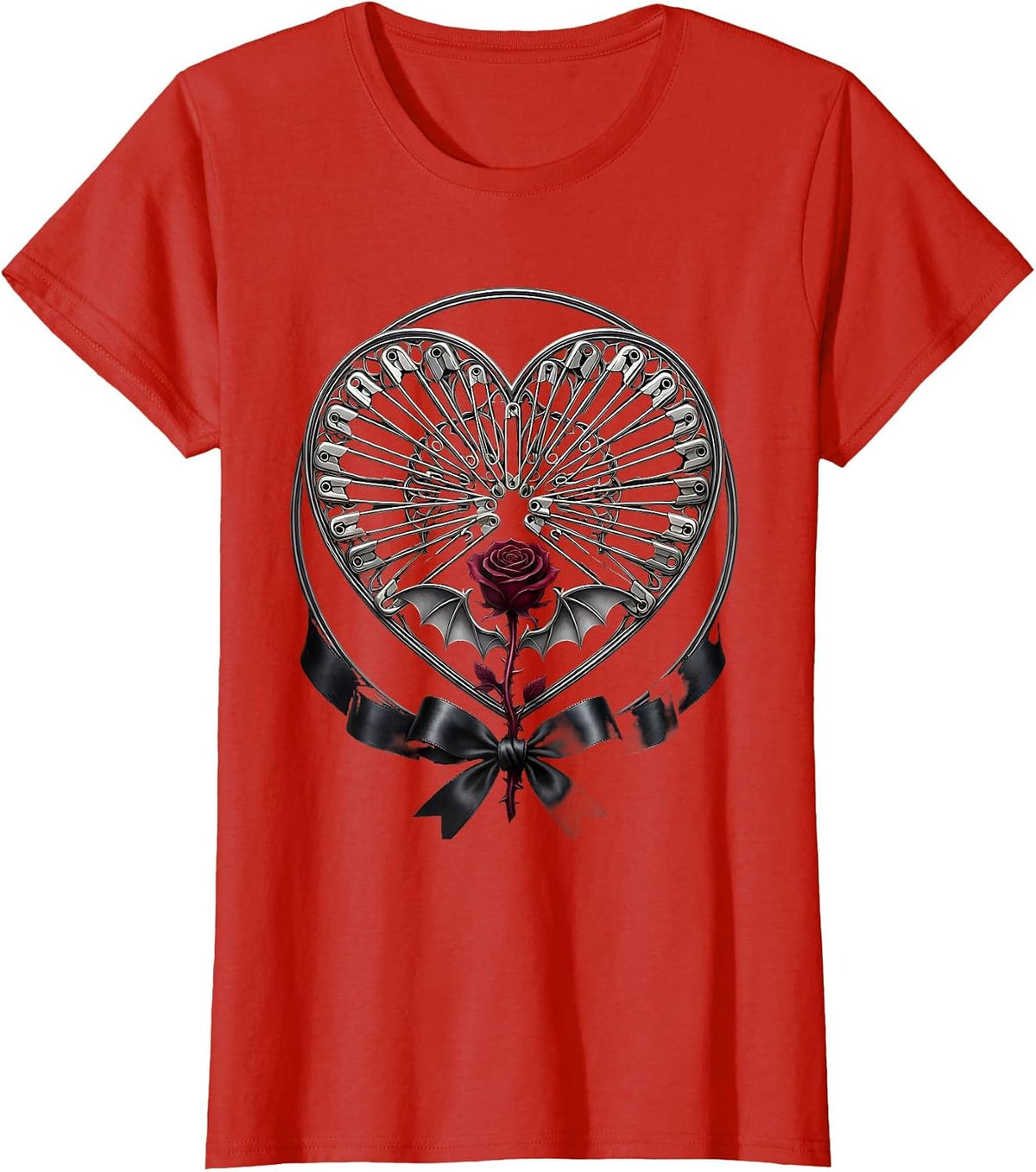 Safety Pin Heart Punk Rock Graphic Tee T-Shirt - Red