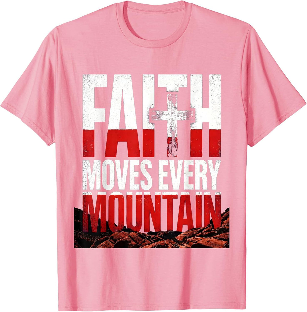 Men's Faith Over Fear Distressed Cross Mountain Design T-Shirt - Pink