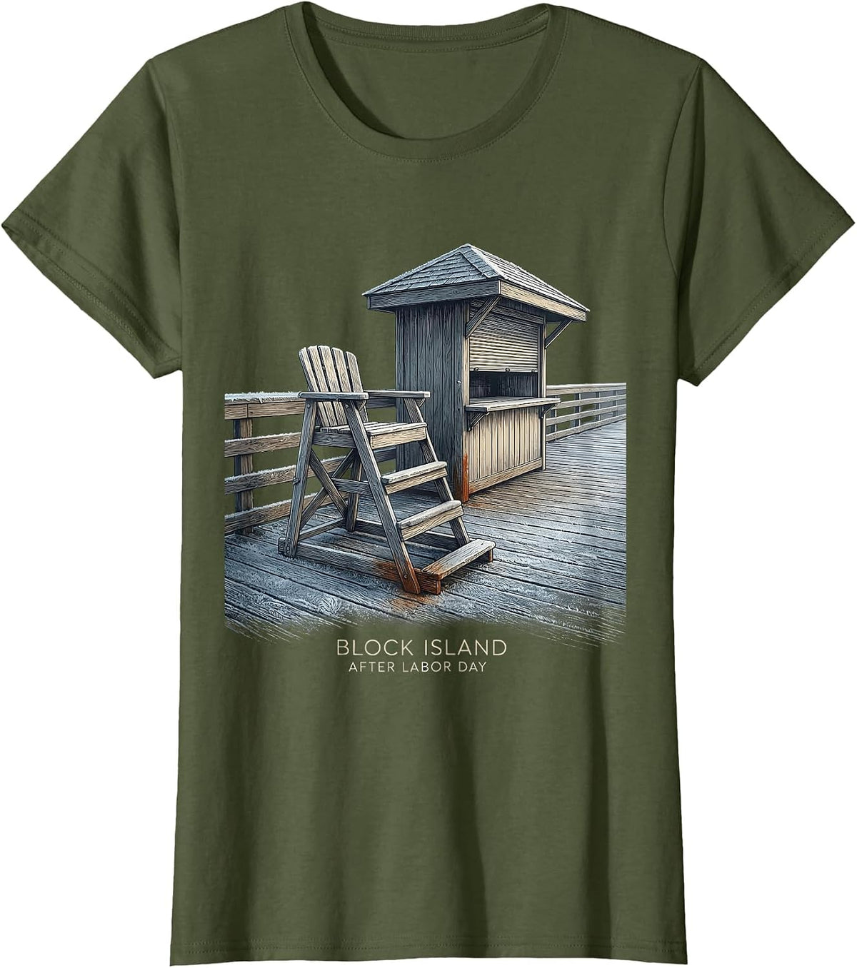 Women's Block Island After Labor Day Vintage Coastal Town Pride T-Shirt - Olive Green