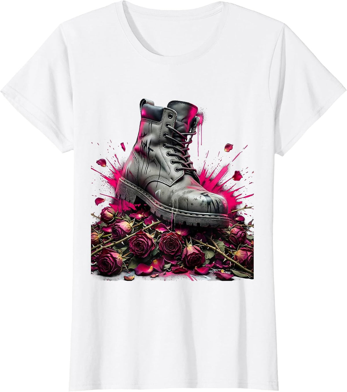 Combat Boot Crushing Dead Roses Graphic T-Shirt - White