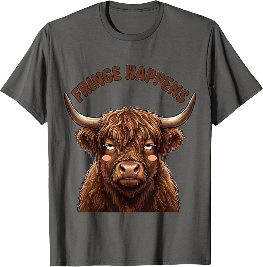 Fringe Happens Cute Kawaii Highland Cow Farm Animal Lover T-Shirt - Asphalt Grey