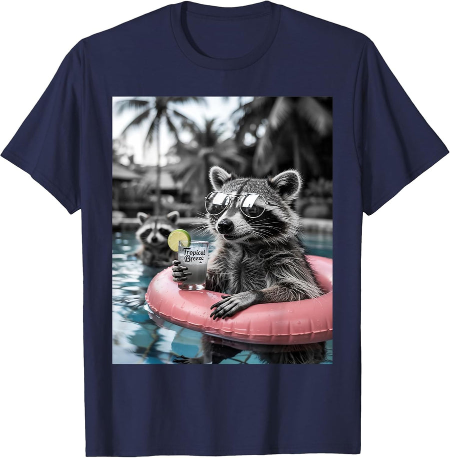 Raccoon Flamingo Float Funny Pool Party Summer Vibes T-Shirt - Navy Blue