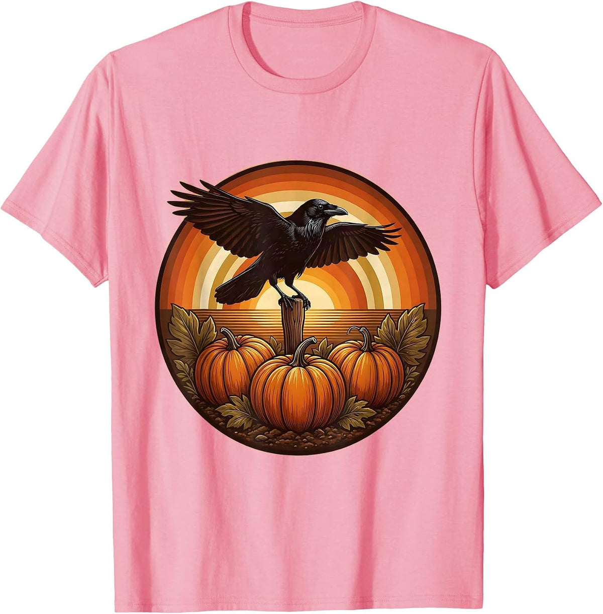 Men's Crow Watching Over Pumpkin Garden Row T-Shirt - Pink