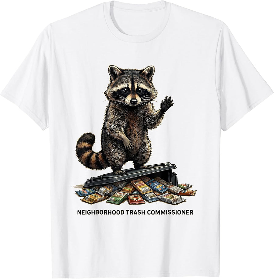 Men's Neighborhood Trash Commissioner Funny Raccoon Animal Humor T-Shirt - White