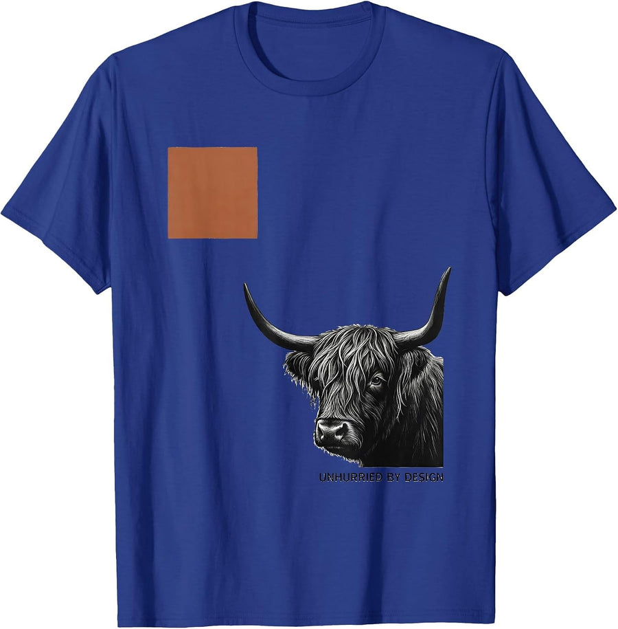 Unhurried By Design Funny Highland Cow Farm Animal Lover T-Shirt - Royal Blue
