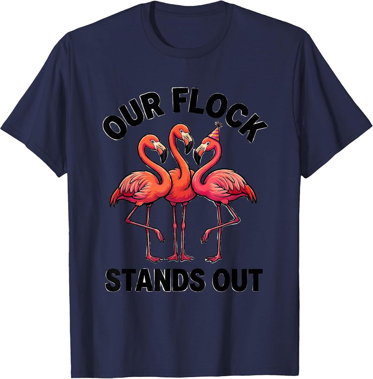 Our Flock Stands Out Cartoon Flamingo Novelty Family T-Shirt - Navy Blue