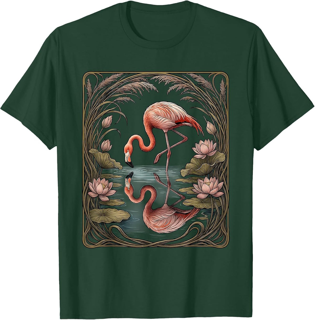 Flamingo Reflection Serene Water Illustration T-Shirt - Dark Green