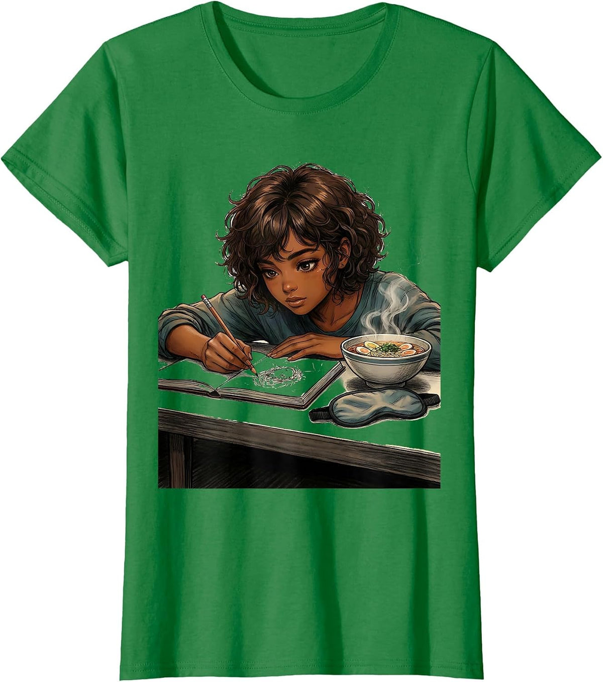 Anime Girl Afro Sketching Ramen Art Lover T-Shirt - Kelly Green