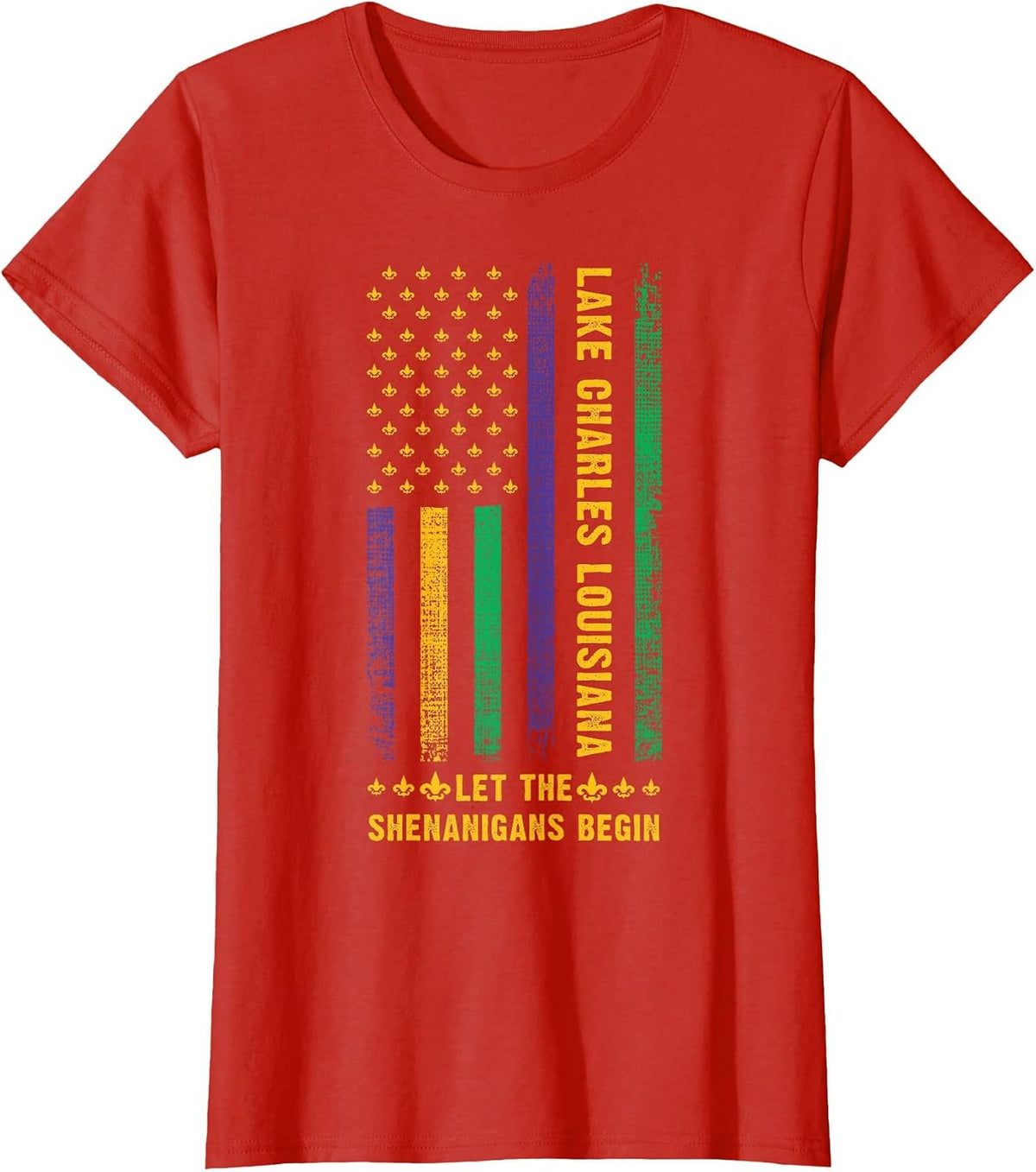 Mardi Gras Lake Charles Louisiana Fleur-De-Lis American Flag T-Shirt - Red
