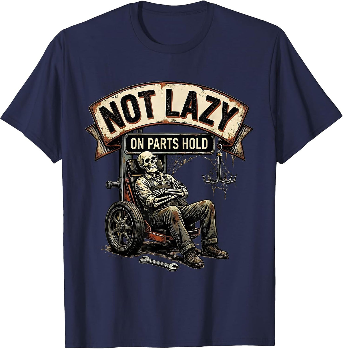 Not Lazy On Parts Hold Funny Mechanic Skeleton Auto Repair T-Shirt - Navy Blue