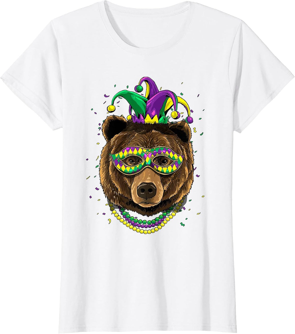 Bear Animal Lover Cute Mardi Gras Carnival Jester T-Shirt, Women, White, Large - As Pictured