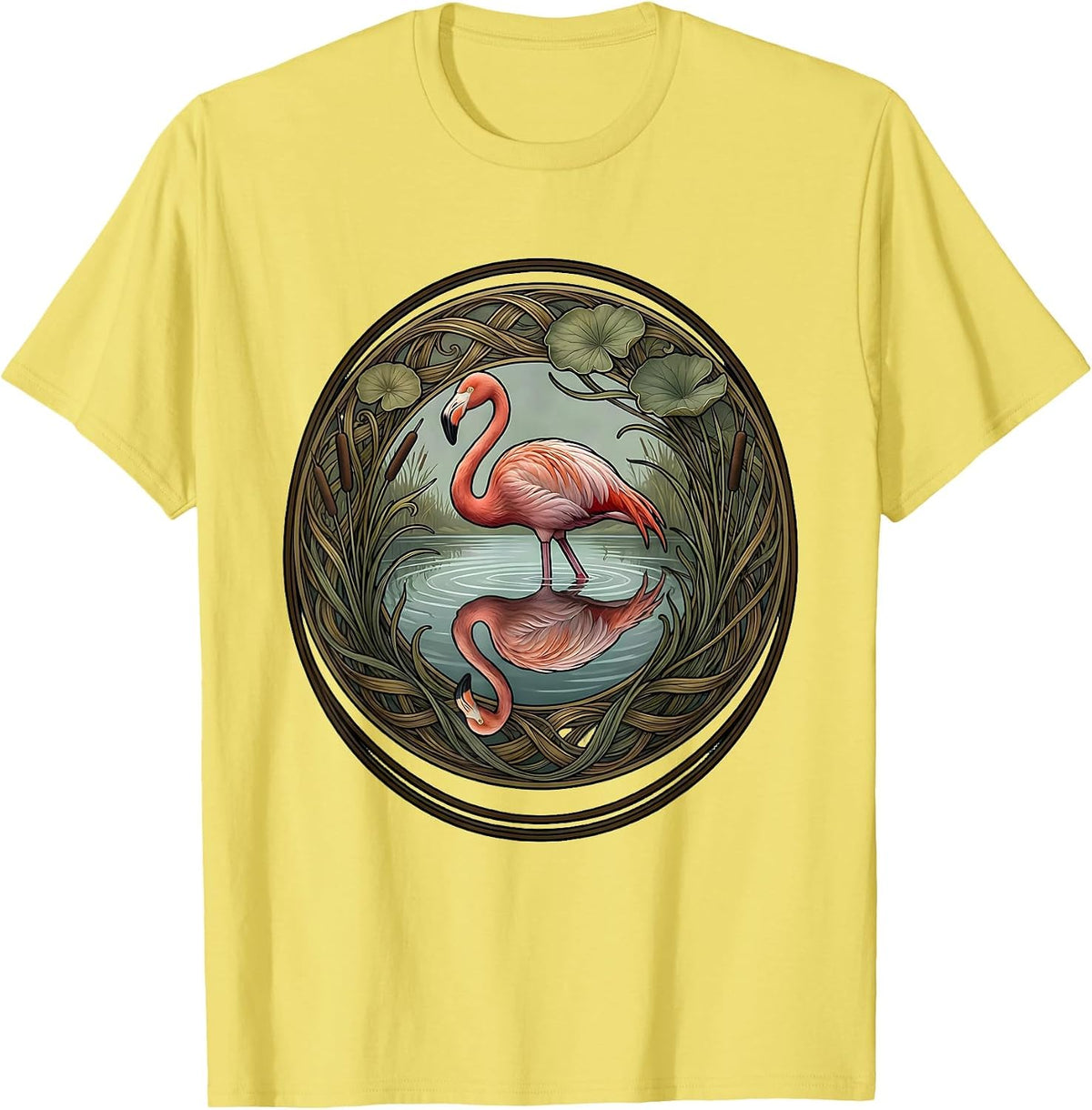 Men's Flamingo Silhouette Lake Reflection Graphic T-Shirt - Lemon Yellow