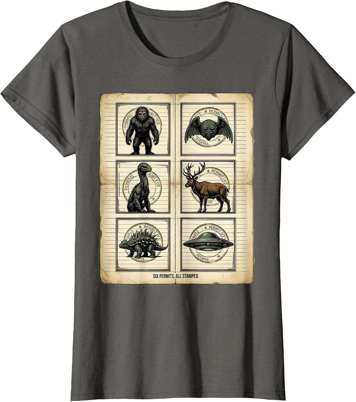 Women's Six Permits, All Stamped Vintage Cryptid Humor Cryptozoology T-Shirt - Asphalt Grey