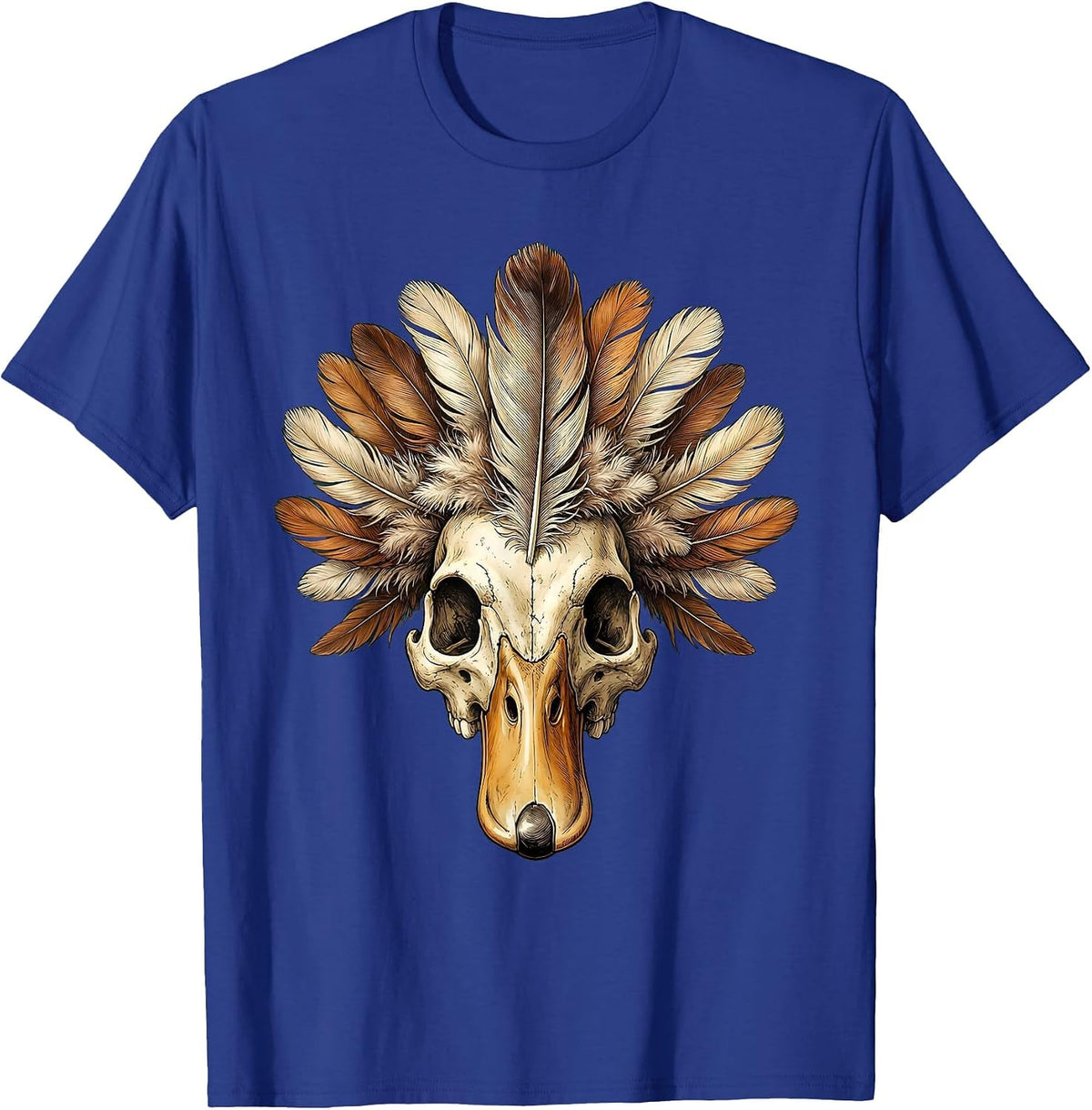 Duck Skull Feather Crown Gothic Nature Art T-Shirt - Royal Blue