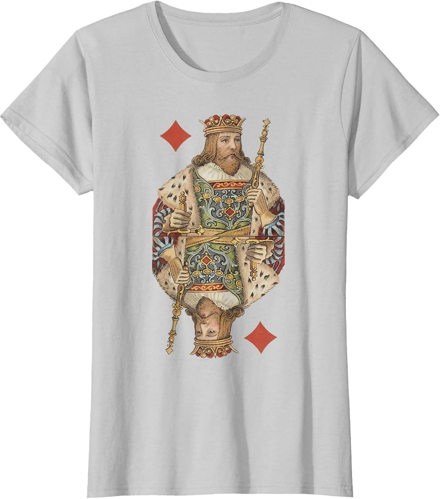 King of Diamonds Antique Art Nouveau Playing Card Art T-Shirt, Women, Silver Grey, X-Small - As Pictured