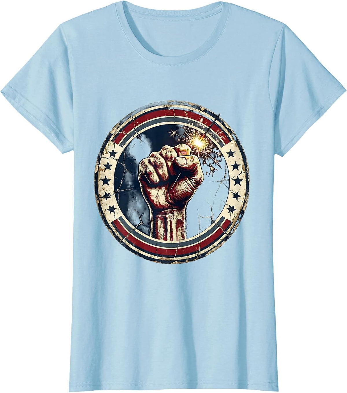 Raised Fist Sparkler Firework Patriotic Design T-Shirt - Baby Blue