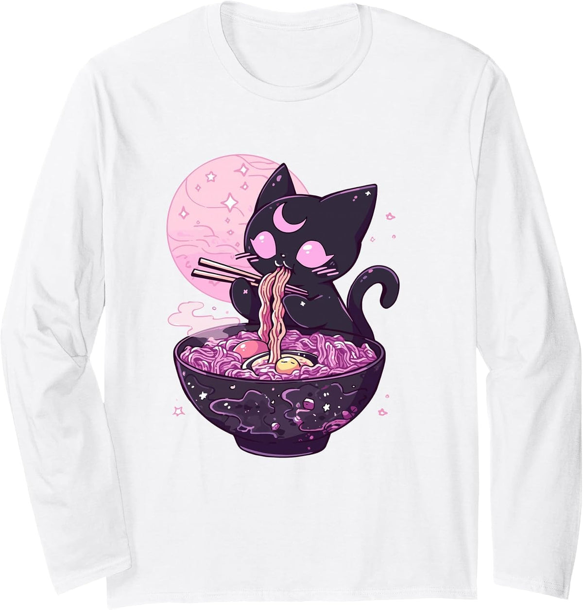 Pastel Goth Aesthetic Kawaii Creepy Cat Eating Ramen Noodles Long Sleeve T-Shirt - Adult Unisex White