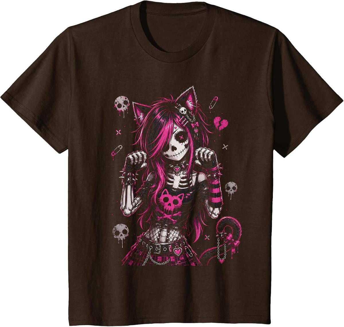 Emo Skeleton Cat Girl Pink Goth Aesthetic Rock Design T-Shirt - Brown