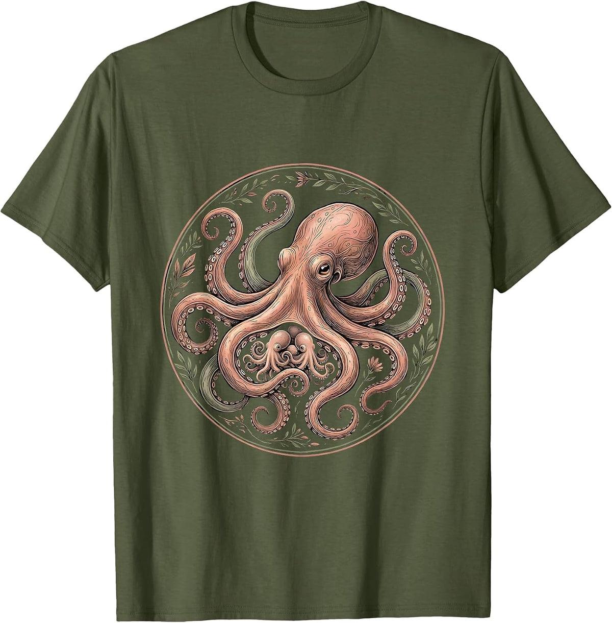 Octopus Mom and Hatchlings Cute Sea Life Design T-Shirt - Olive Green