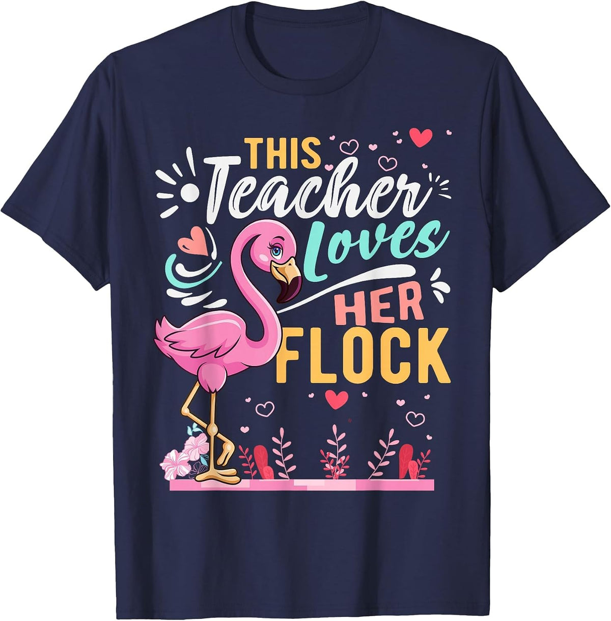 This Teacher Loves Her Flock Flamingo Teacher Back to School T-Shirt - Navy Blue