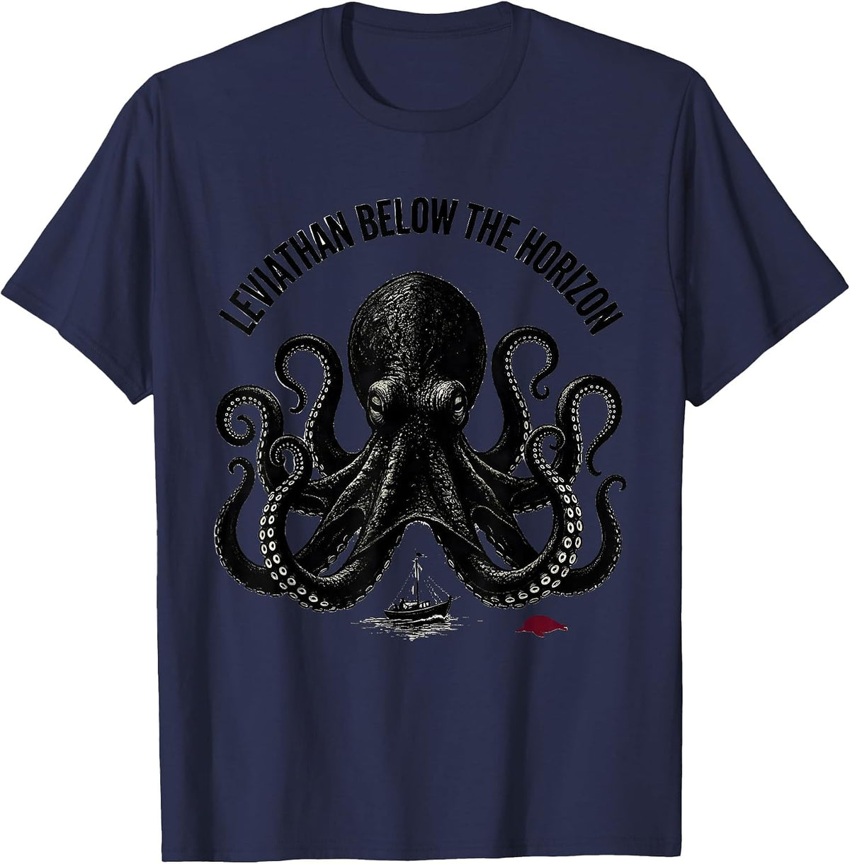 Men's Leviathan Below the Horizon Blackwork Dotwork Octopus Lover T-Shirt - Navy Blue