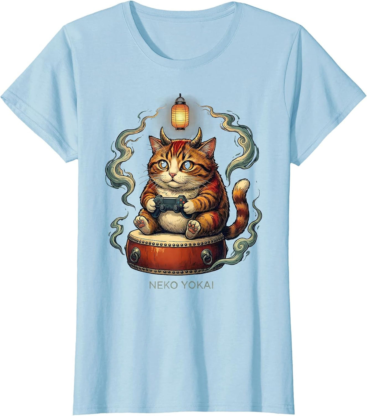 Women's Neko Yokai Funny Cat Anime Gaming Ramen Cat Lover T-Shirt - Baby Blue