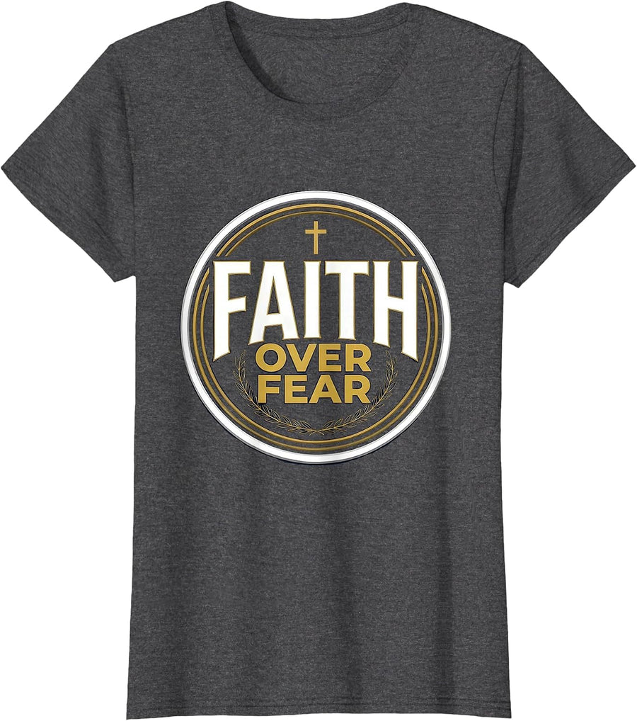 Women's Faith Over Fear Bold Inspirational Design T-Shirt - Dark Heather Grey