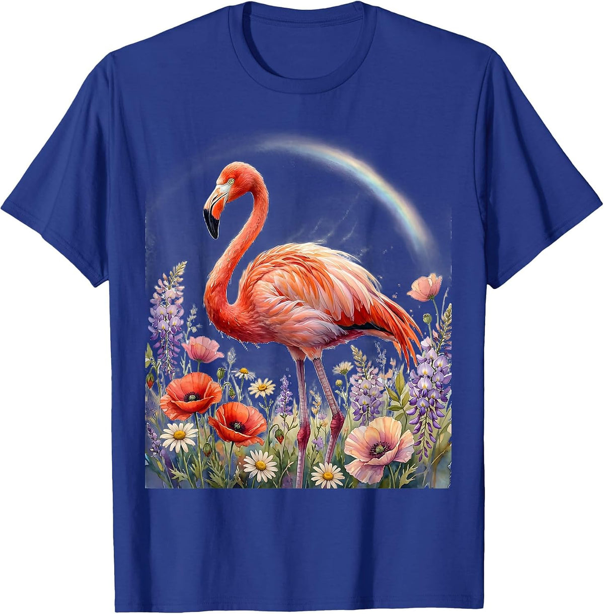 Flamingo in Flower Field Rainbow Arc Graphic T-Shirt - Royal Blue